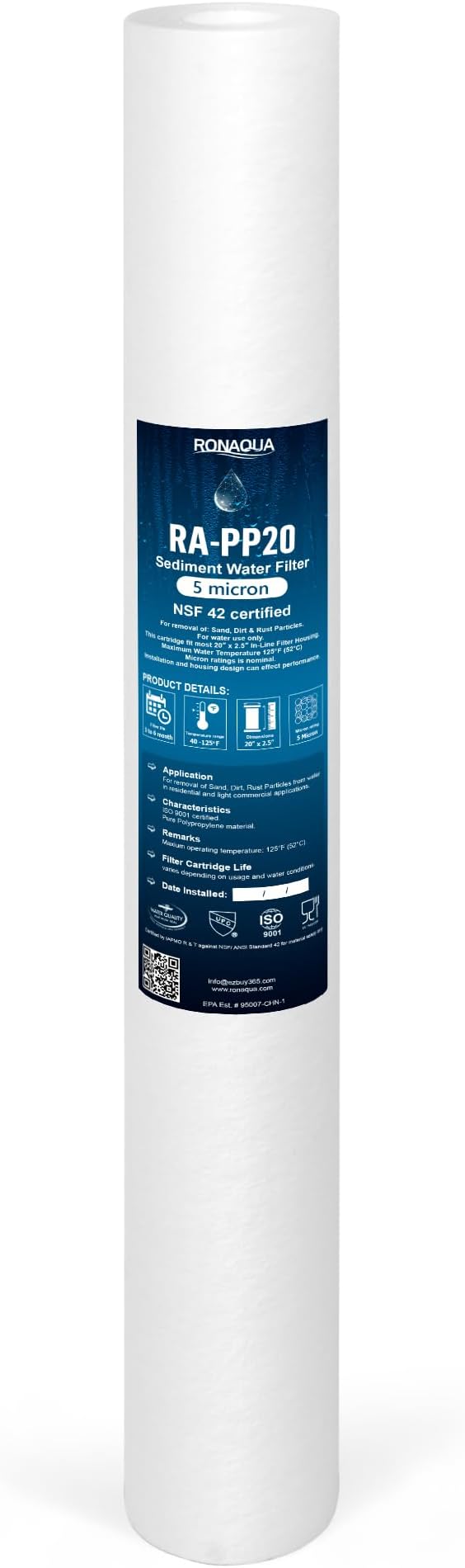 Ronaqua 5 Micron Standard 20" x 2.5" Sediment Water Filter Cartridge, NSF Certified, 4-Layer Filtration for 20” x 2.5” Whole House Systems, Compatible with FPMB5-20, SDC-25-2005/4, VX05-20