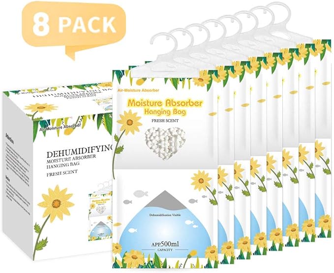 CANAGER Hanging Moisture Absorber, Fresh Scent Moistureproof Desiccant Hanging Bag，Dehumidifier Bag (8 packs) Hanging Closet Dehumidifier Bags, Moisture Absorb 12.5 oz