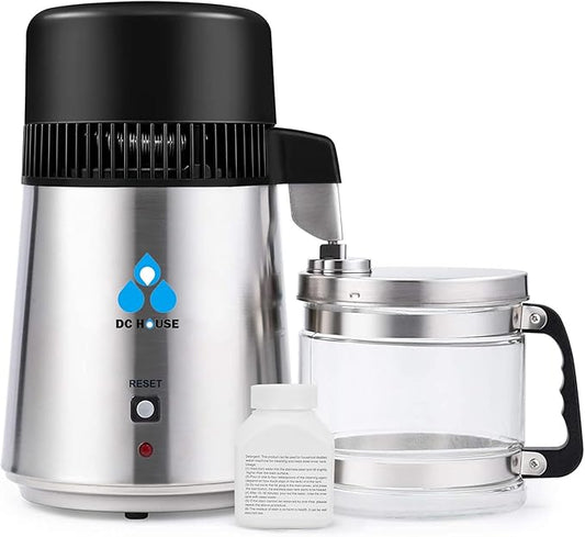 DC House Distilled Water Machine 1 Gallon, Stainless Steel Water Distiller for Home Countertop 110V 750W Purifier for Humidifier Office CPAP with Smart Switch, Glass Pot