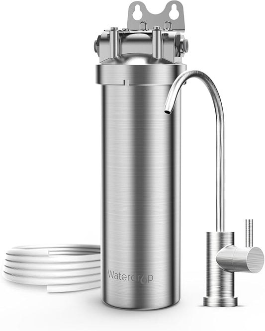 Waterdrop BS08 Under Sink Water Filter, 1 Year Lifetime Stainless Steel Water Filter System, Reduces Chlorine, Lead, Heavy Metals, Bad Taste& Odor (1 Filter & 1 Brushed Nickel Faucet Included)