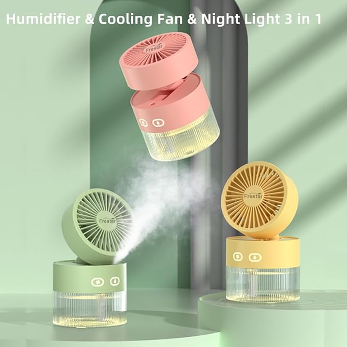 Personal Cooling Fan and Small Air Humidifier 350ml with LED Night Light, Desktop USB Charging Humidifier and Fan 3 in 1 for Office and Small Room, No Battery (Yellow)