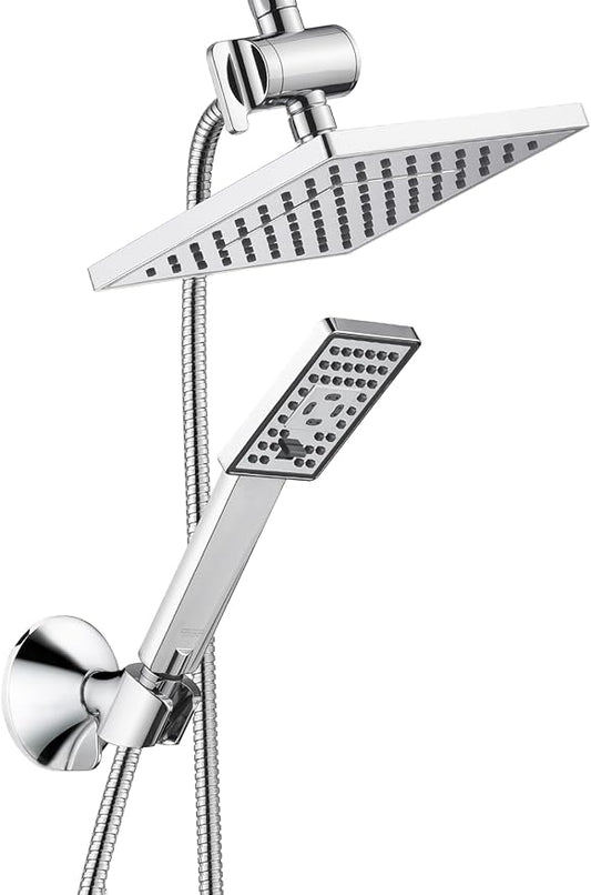 BRIGHT SHOWERS Rain Shower Head with Handheld Spray, 8 Inch High Pressure Rainfall Shower Head Combo with 60” Hose, Adjustable Dual Square Showerhead with 3-Way Diverter, Wall Bracket, Chrome