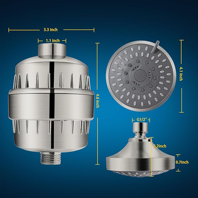 Shower Head and 15 Stage Shower Filter Combo, FEELSO High Pressure 5 Spray Filtered Showerhead with Water Softener Filters for Hard Water Remove Chlorine and Harmful Substances (Nickel Brushed)