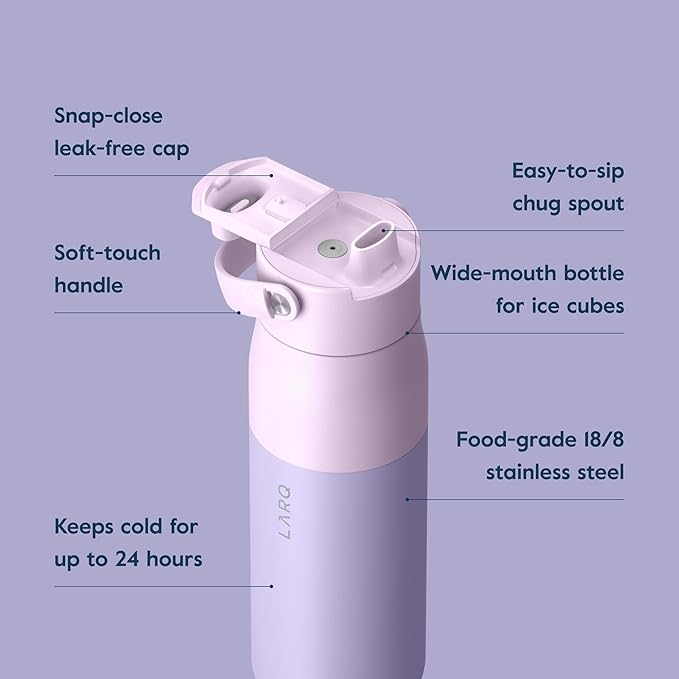 LARQ Bottle Swig Top 34oz - Insulated Reusable Stainless Steel Water Bottle With Built-In Silicone Handle | BPA Free | For Sports, Gym, and Travel, Luberon Lavender