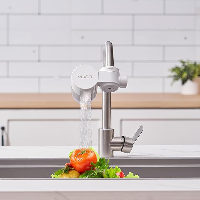 VEVOR Faucet Mount Water Filter, Horizontal Water Purifier for Sink Tap, NSF Certified Carbon Fiber Filter, Removes Chlorine Lead with 3 Filters, Fits Most Kitchen or Bathroom Faucets, White
