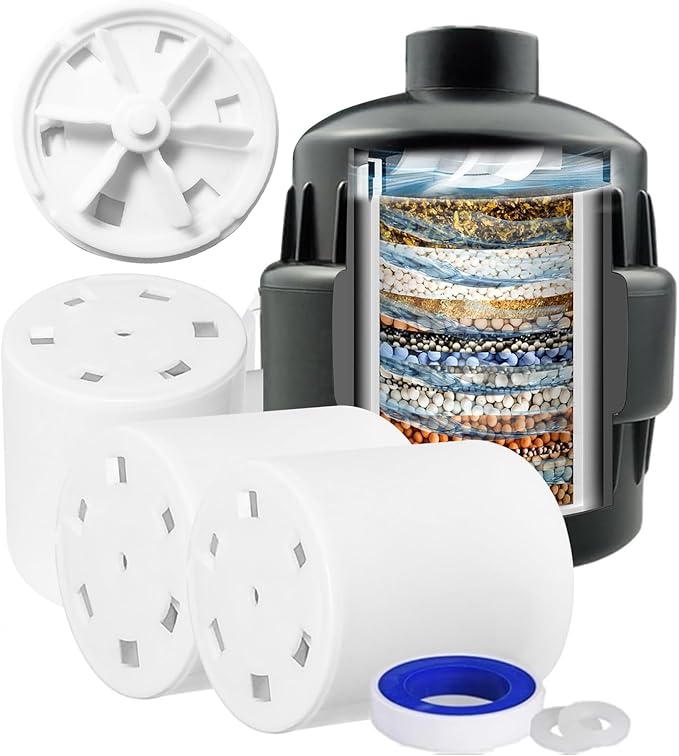 20 Stage Shower Filter with Spin Propeller 3 Cartridge, Reduce Well Hard Water Chlorine Heavy Metal & Impurity, Improve Skin Hair, Fit Most Handheld Shower head Fixed Rainfall, (Black)