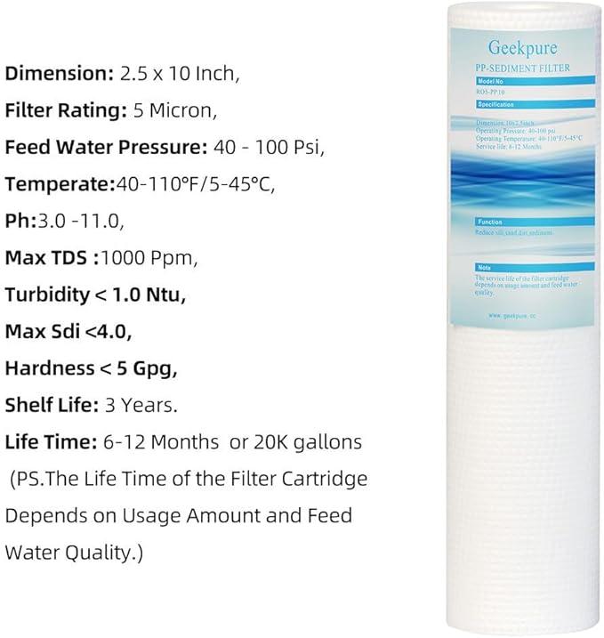 Geekpure 10 Inch PP Polypropylene Sediment Replacement Filter for RO Water Filtration-2.5" x 10" -5 Micron-Pack 4