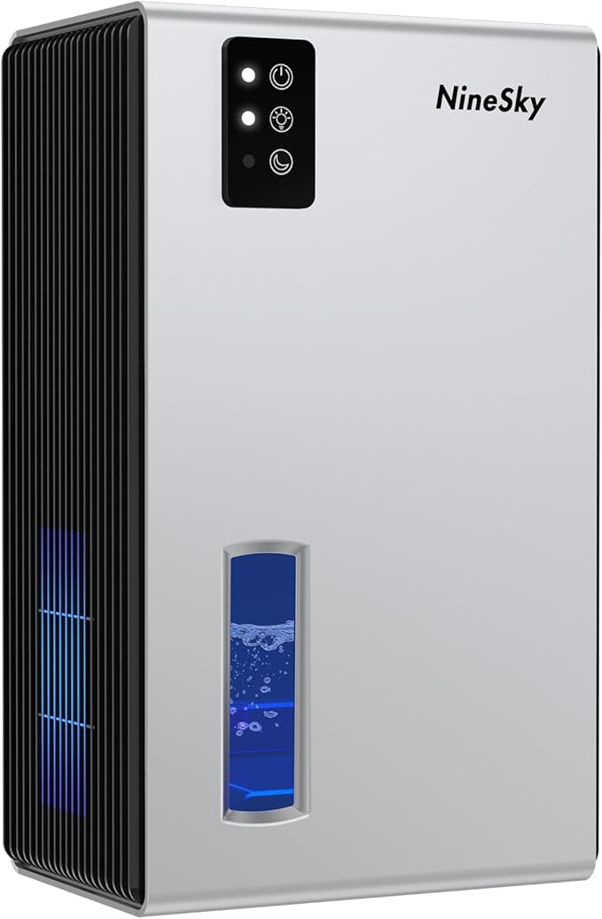 NineSky Dehumidifier for Home, 95 OZ Water Tank, (1000 sq.ft) Dehumidifiers for Bathroom Bedroom Basement with Auto Shut Off,7 Colors LED Light (Silver)