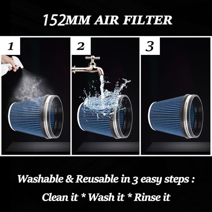 MUGE RACING 6" 152 mm High Flow Inlet Air Filter, Air Intake Cone Filter Replacement Performance Washable Clamp-On Dry, 6'' Tall(Blue)