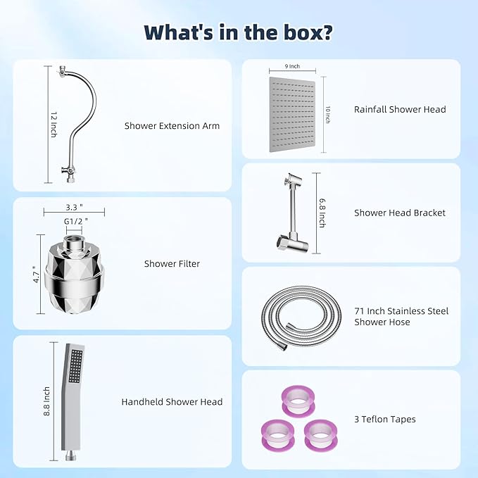 Hibbent All Metal 10'' Filtered Rainfall Shower Head Combo, High Pressure Handheld Shower Wand, 12'' Adjustable Curved Extension Arm, 20 Stage Shower Filter, 71'' Hose, Shower Head Holders, Chrome