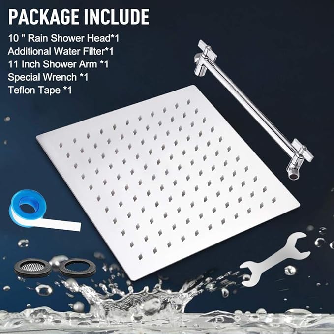 HarJue High Pressure Large Stainless Steel Square Rain ShowerHead With Shower Arm Waterfall Full Body Coverage Easy to Clean and Install (10 Inch with Arm, Chrome Finish)