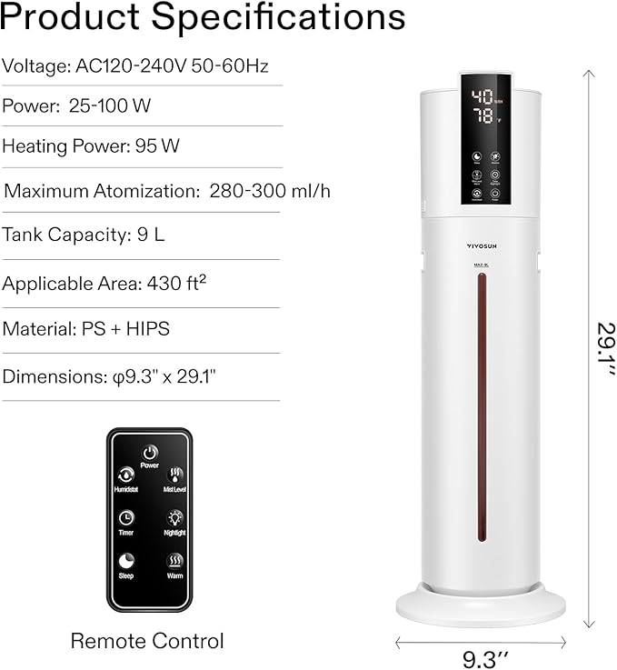VIVOSUN 9L Air Humidifier, 2-in-1 Top Fill Cool & Warm Mist Humidifier, Indoor Ultrasonic Humidifier with Essential Oil Box & Remote Control for Bedrooms, Offices, Plants, Babies
