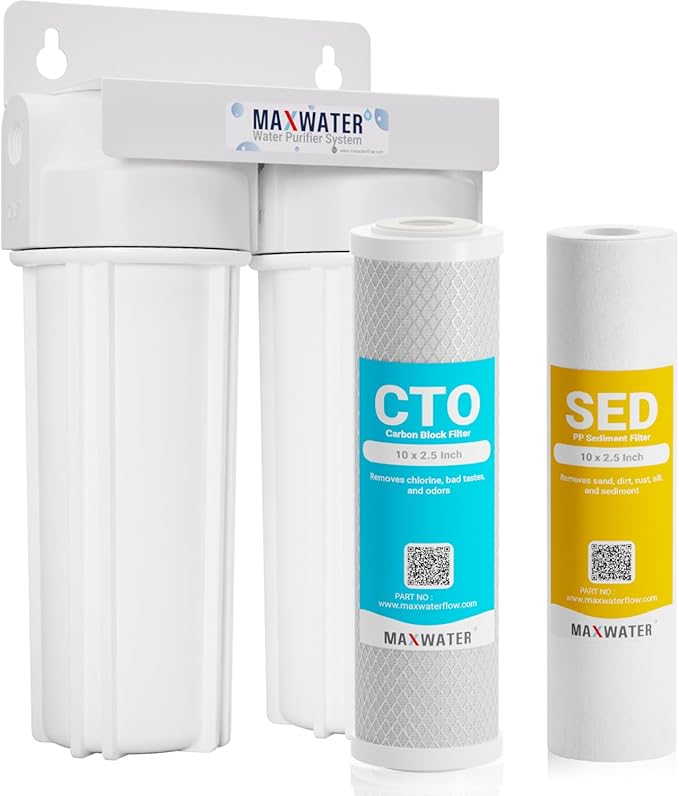Max Water 2 Stage (Sediment, Odor & Improving Taste) Whole House 10 inch, Standard Water Filtration System - White Housing - Sediment + CTO - ¾ Inlet/Outlet