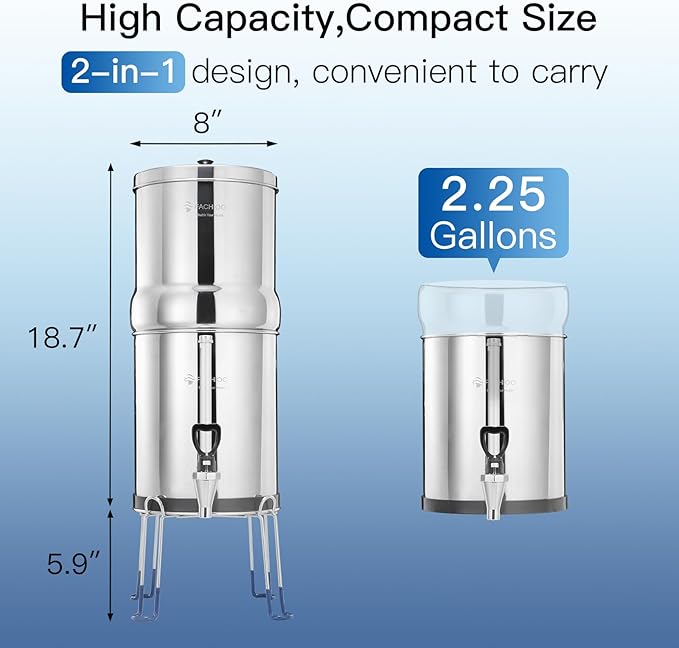 Gravity-Fed Water Filter System 2.25 Gallon with 2 Upgraded Ceramics Fluoride and Arsenic Reduction Elements, Metal Water Level Spigot, Countertop System, Reduces Fluoride and Chlorine