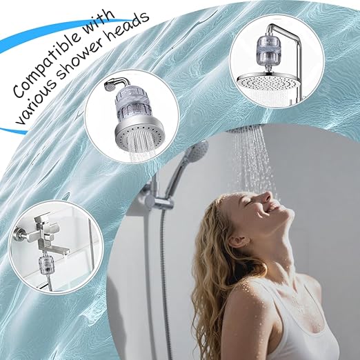 Shower Head Filter, 15-Stage Filtration System, Removes Chlorine & Heavy Metals, Softens Water for Smoother Skin & Hair, Universal Fit for All Shower Types (White)