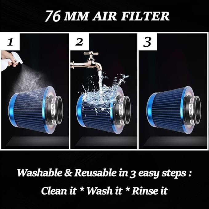 Cold Air Intake Filter, High Performance, Washable Filter, Clamp-On Replacement Air Filter, Flange Diameter 3inch/76mm Blue