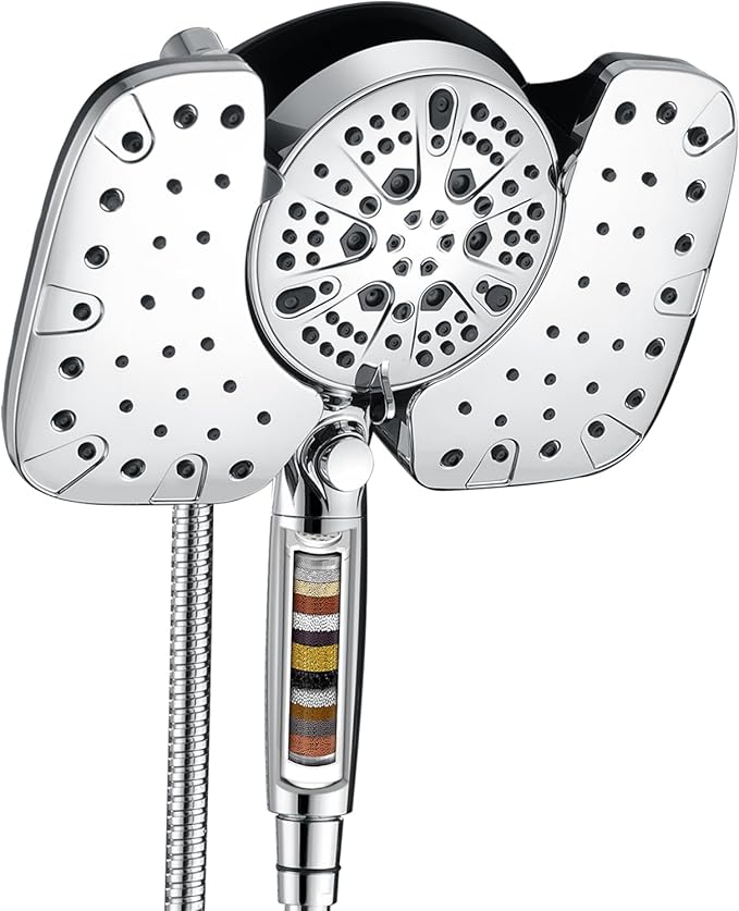 2-in-1 Shower Heads with Handheld 2.5GPM: 10” Rain Shower Head & Hand Held Shower Head, 9 Spray Settings Detachable Shower Head with ON/OFF Switch and 15-Stage Filter