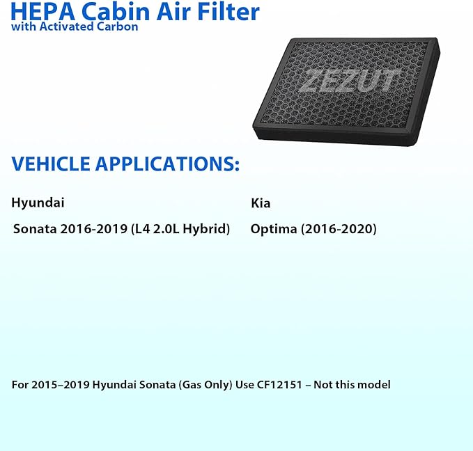 Cabin Air Filter CF12159 Fits 2016‑2019 Hyundai Sonata (L4 2.0L Hybrid Only) & Kia Optima (2016‑2020), Honeycomb Structure, Activated Carbon & Durable Frame