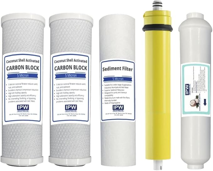 IPW Industries | Watts Replacement Reverse Osmosis Water Filter Set for WP5-50 RO Water Filtration System (Carbon Block, Sediment Filter, and RO Membrane) Cartridges for Effective Water Purification