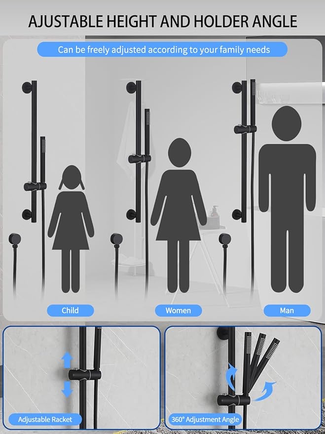 Weshi Shower Slide Bar Handheld Shower Head with Hose, Bathroom Shower faucet with Handle Spray, High Pressure Shower Slide Bar Set Height Adjustable with 59 Inch Stainless Steel Hose Matte Black