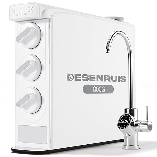 Reverse Osmosis Water Filter System, 800 GPD Fast Flow, 3:1 Pure to Drain, Tankless Under Sink Dual RO Water Filter System, Reduce PFAS & TDS, Smart LED Faucet, by DESENRUIS