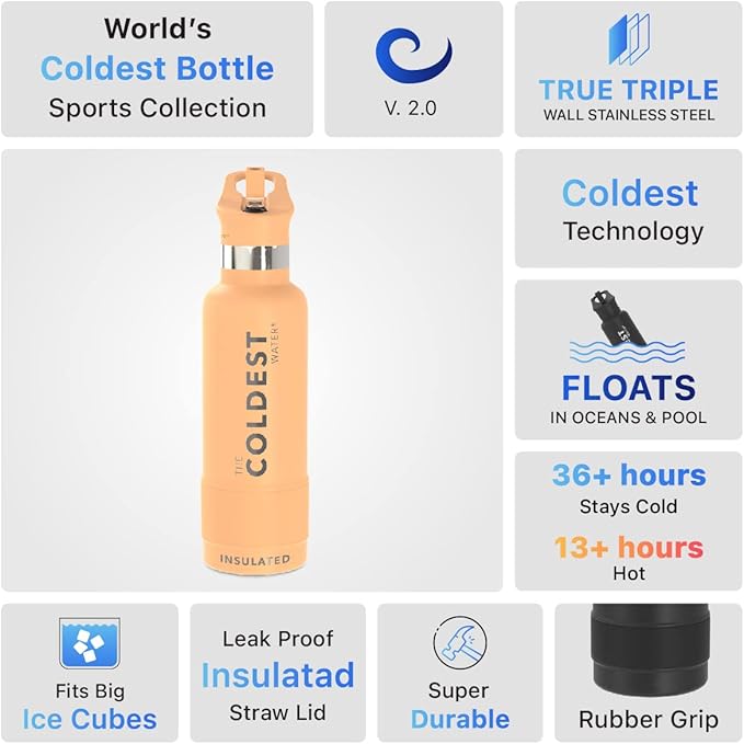 Coldest Insulated Water Bottle with Straw Lid - Stainless Steel Metal Insulated Bottle for Men & Women (Sahara Peach, 21 oz)