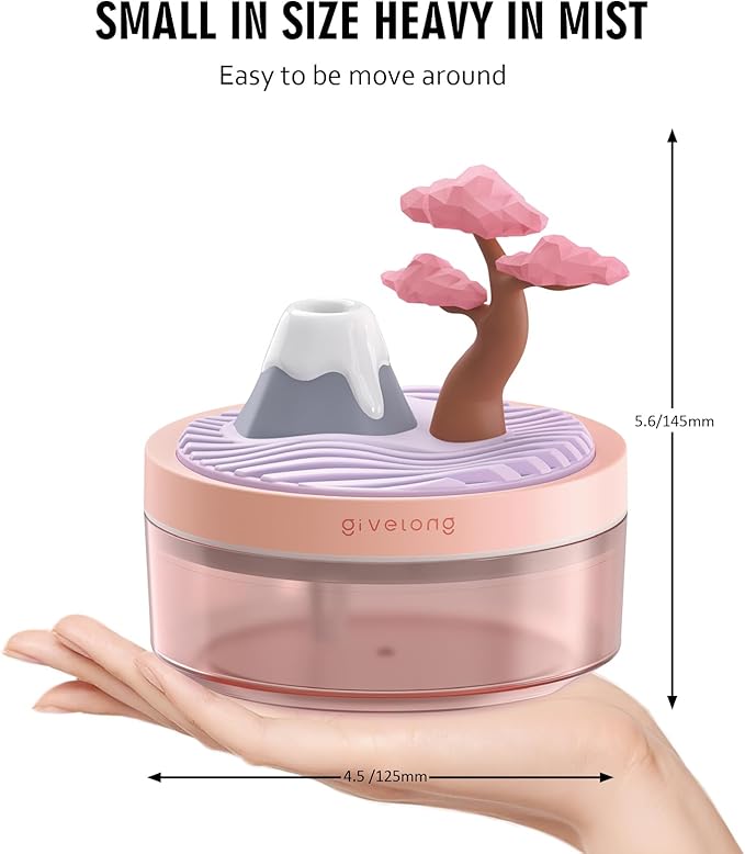 Mini Portable Desktop Humidifiers for Bedroom,Small Humidifier with Cherry Tree,Quiet,Cool Mist, Auto Off,7 Colors Night Light,320ml Air Humidifier Home Office Travel(PINK)