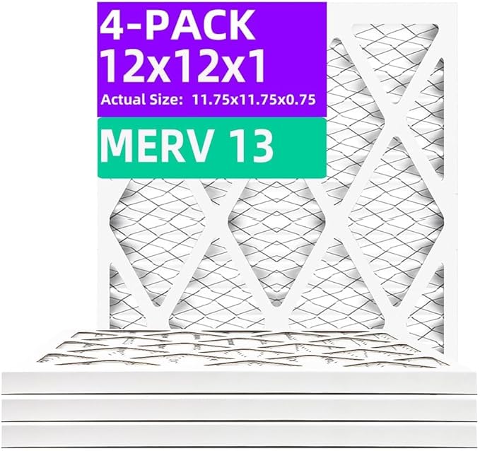 12x12x1 MERV 13 (4-Pack) Pleated Air Filter (Actual Size: 11.75"x11.75"x0.75") MPR 1900 & FPR 10, Furnace Air Filters, 12x12x1 air filter