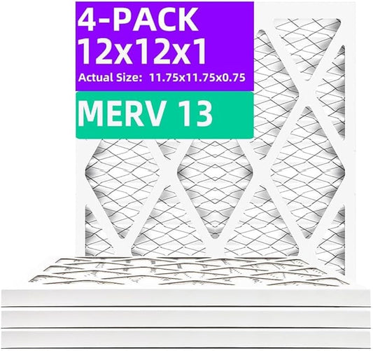 12x12x1 MERV 13 (4-Pack) Pleated Air Filter (Actual Size: 11.75"x11.75"x0.75") MPR 1900 & FPR 10, Furnace Air Filters, 12x12x1 air filter
