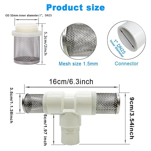 1" T Strainers Steel Filter Cover Connected to 1" PVC DN25 Water Pipe, Suction Hose 1 inch T Strainer Used to Remove Debris and Reduce Solid Entry