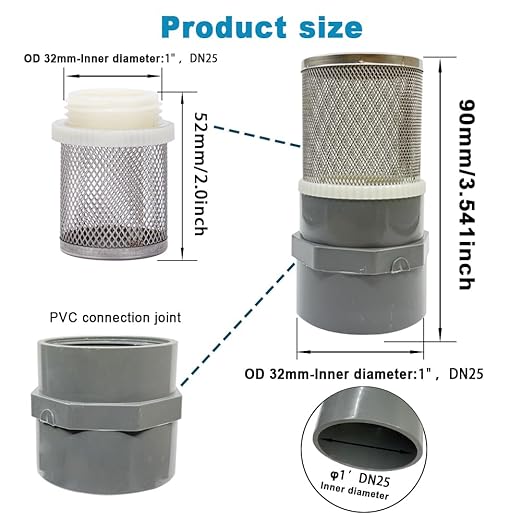 1 inch Stainless Steel Filter Cover Connected to 1 inch/DN25 Grey PVC Filter Water Pipe, Vent Cap Suction Strainers Used to Remove Debris and Reduce Solid Entry(1pcs)