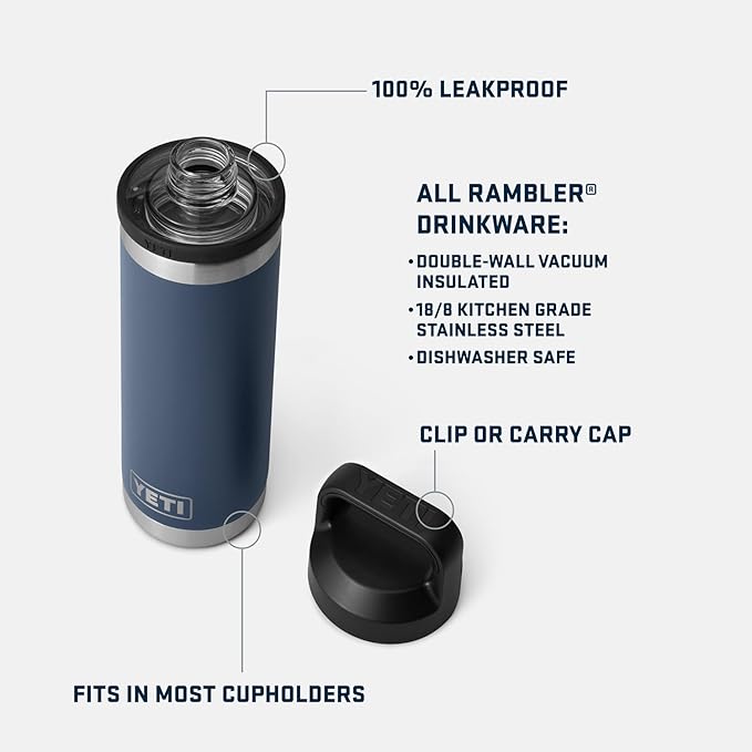 YETI Rambler 18 oz Bottle, Vacuum Insulated, Leakproof, Stainless Steel with Chug Cap, Navy/Rescue Red/White