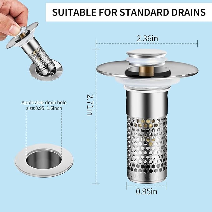 2 Pcs Universal 2-in-1 Sink Stop&Drain Strainer-Upgraded Pop-Up Design Sink Drain Plug Strainer with Stainless Steel Anti-Pooling Basket and Cleaning Brush for U.S. 1.1-1.6 Inch Drain Holes