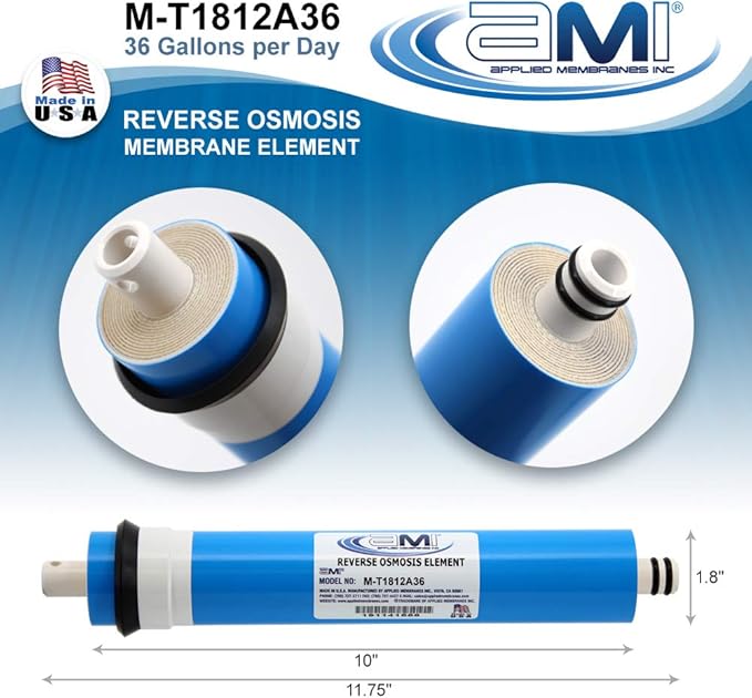 APPLIED MEMBRANES INC. 36 GPD Reverse Osmosis Membrane | RO Membrane Water Filter Replacement for Reverse Osmosis Water Filtration System | 1.8” x 12” Universal Compatibility | Made in USA M-T1812A36