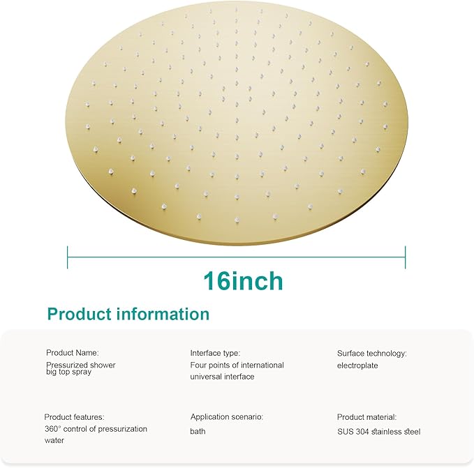 All Metal Rain Shower Head - Heavy Duty Stainless Steel, Easy Install, High Water Flow, Ultra-Thin Modern Design for Bathroom (F-Brushed Gold, 16)