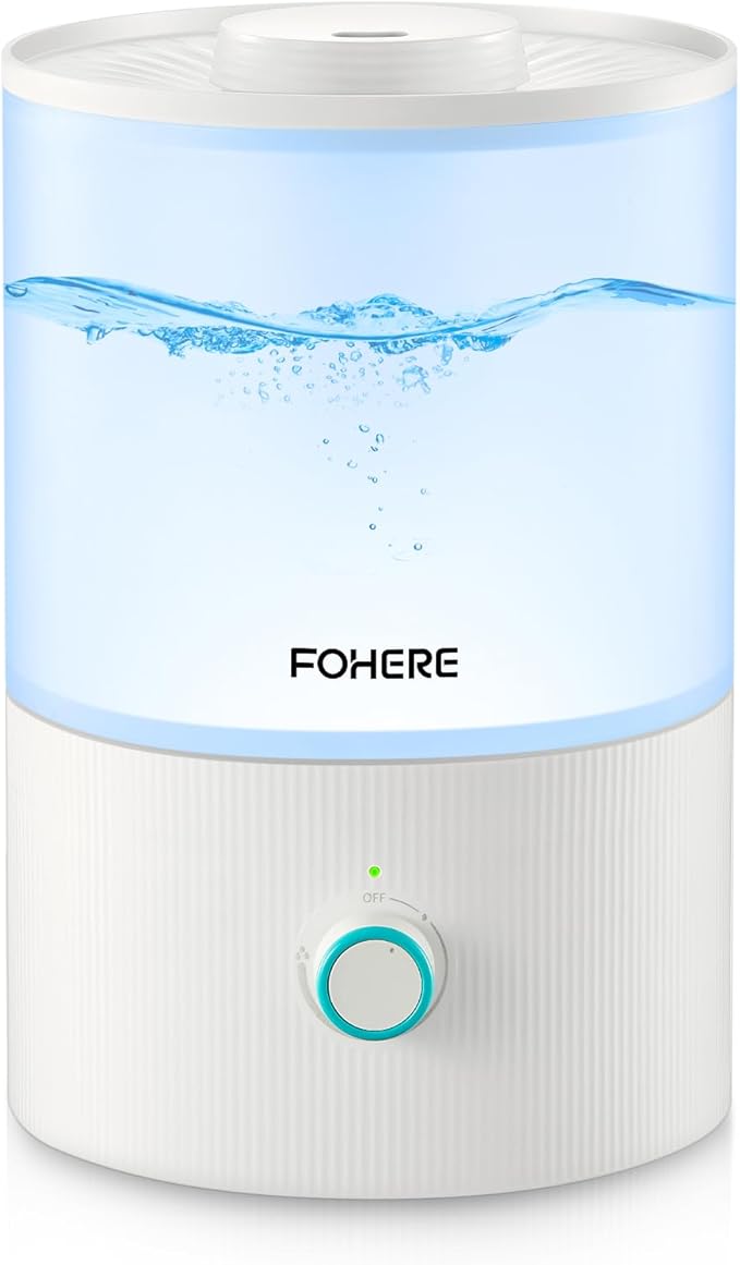 FOHERE Humidifiers for Bedroom, 3.2L Top Fill Cool Mist Ultrasonic Humidifier for Baby Rooms and Plants, 2-IN-1 Essential Oil Diffuser with 7-color Light and Auto Shut-off, BPA-Free, Quiet, White