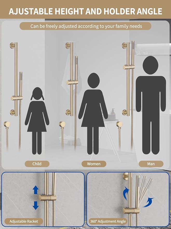 Weshi Shower Slide Bar Handheld Shower with Hose, Bathroom Handheld Shower Head, Slide Bar Hand Shower with spray, High Pressure Shower Head Height Adjustable with 59 Inch Stainless Steel Hose