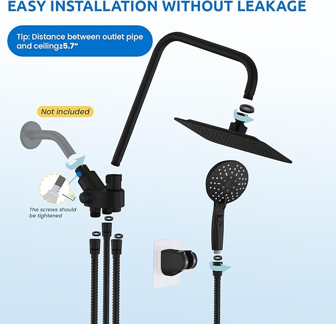 8" Dual Shower Head Combo, High Pressure Rainfall Shower Head with Handheld, 6 Spray Settings Angle Adjustable Handheld Shower Head with Pause, Height Adjustable, Matte Black