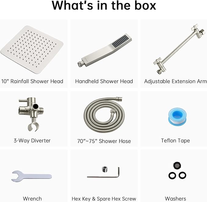 G-Promise All Metal 10" Dual Square Shower Head Combo | Rain Shower Head | Handheld Shower Wand | Adjustable | 3-Way Diverter | 71" Extra Long Hose - A Bathroom Upgrade(Brushed Nickel)