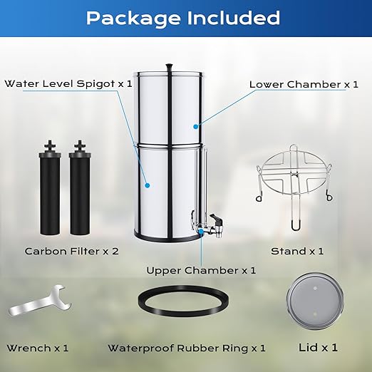 Gravity-fed Water Filter System, NSF/ANSI 372 Certification, 304 Stainless Steel Water Purifier System with Sight Glass Spigot, 2 Water Filters and Stand, Refreshing Water at Home, Camping,2.25 Gallon