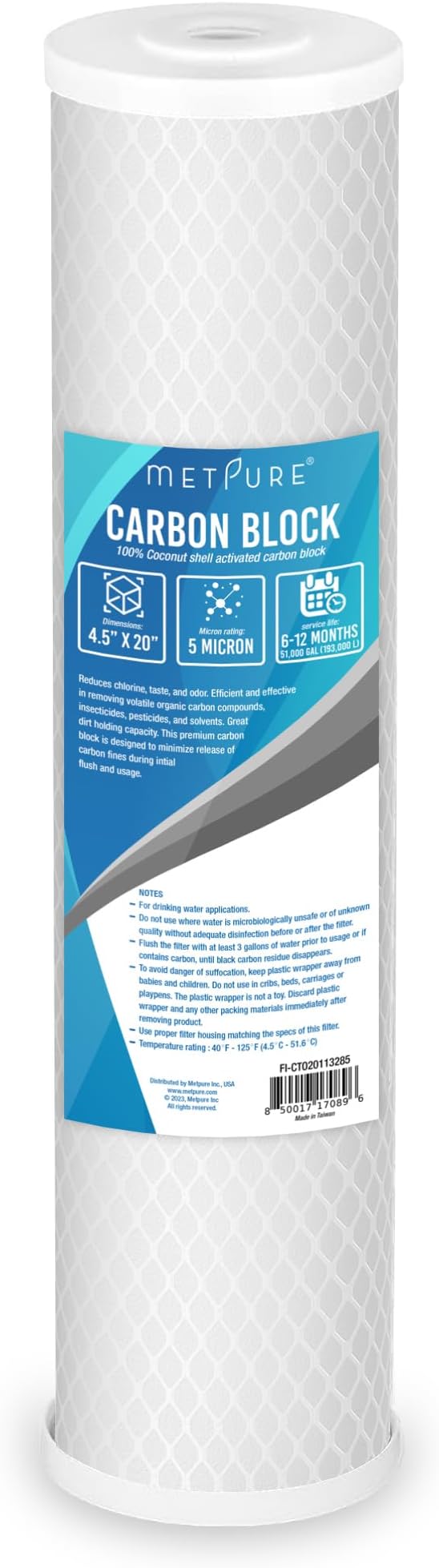 Universal 5 Micron 20” x 4.5” Whole House Carbon Water Filter Cartridge Replacement - Coconut Shell Carbon Block CTO. Compatible with Pentek, iSpring, and more. 1-Pack