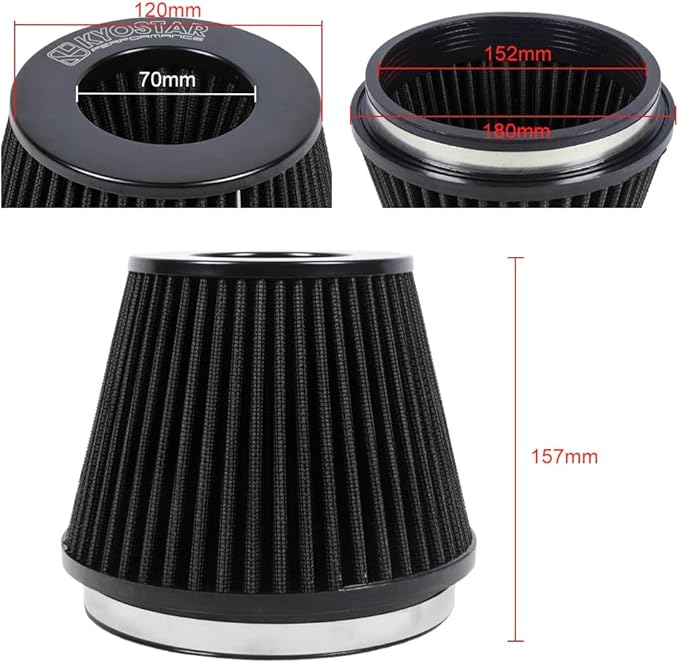 Kyostar 6 Inch (152mm) Neck High Flow Inlet Cold Air Intake Cone Replacement Dry Air Filter Black