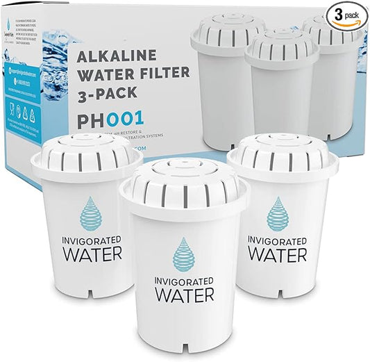 Invigorated Water PH001 - White Alkaline Water Filter – Replacement Filters for all Pitcher & Dispenser Filtration Systems – BPA-Free, Removes Chlorine, Heavy Metals – 96 Gallons/Filter (3-Pack)