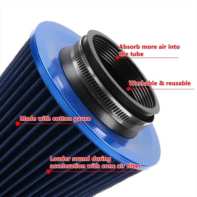 muge racing 3-inch Cold Air Intake Filter 76mm, High Performance Clamp-On Engine Intake Air Filter, Washable Reusable & Universal Round Tapered Replacement Air Filter, Blue