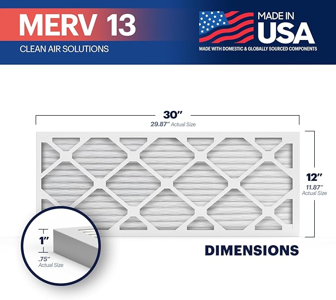 BNX TruFilter 12x30x1 Air Filter MERV 13 (4-Pack) - MADE IN USA - Electrostatic Pleated Air Conditioner HVAC AC Furnace Filters for Allergies, Pollen, Mold, Bacteria, Smoke, Allergen, MPR 1900 FPR 10