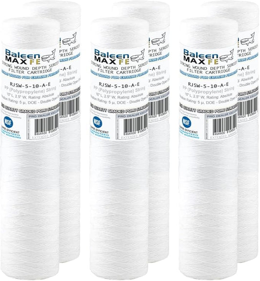 Baleen Filters 10" x 2.5" 5 Micron String Wound Sediment Filter Cartridge Replaces Hydronix SWC-25-1005, Watts SF5-978, Pentek WP-5 (06 Pack)