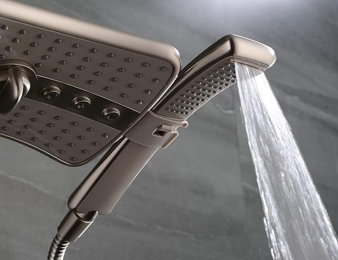 BRIGHT SHOWERS High Pressure Brushed Nickel Shower Heads Combo with Two Spray Setting Fixed Shower Head and Two Spray Settings Handheld Shower Head with Grey Face