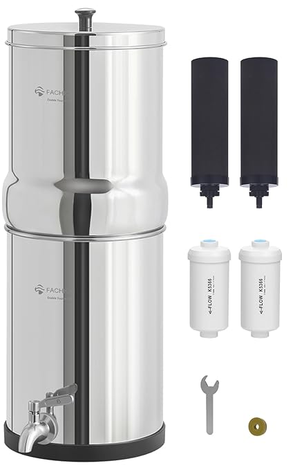 Gravity-Fed Water Filter System, 1.5G Stainless-Steel Countertop System with 2 Black NSF/ANSI 42 Certification Elements, 2 Fluoride, Metal Water Level Spigot, Reduces Fluoride and Chlorine
