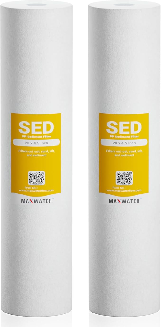 Max Water 20" x 4.5" 10 Micron Sediment Water Filter, Whole House Water Filter Replacement Cartridge, Melt Blown Polypropylene (PP), Fits Any Standard 20 Inch Filter Housing, 2 Pack