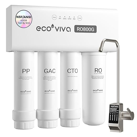 Ecoviva 800GPD UnderSink Reverse Osmosis Water Filter RO Tankless Filtration System, Alkaline Water pH+, 8-Stage Filtration, Meet NSF/ANSI 58 Standard, 3:1 Pure-to-Drain Filter, with LED Smart Faucet